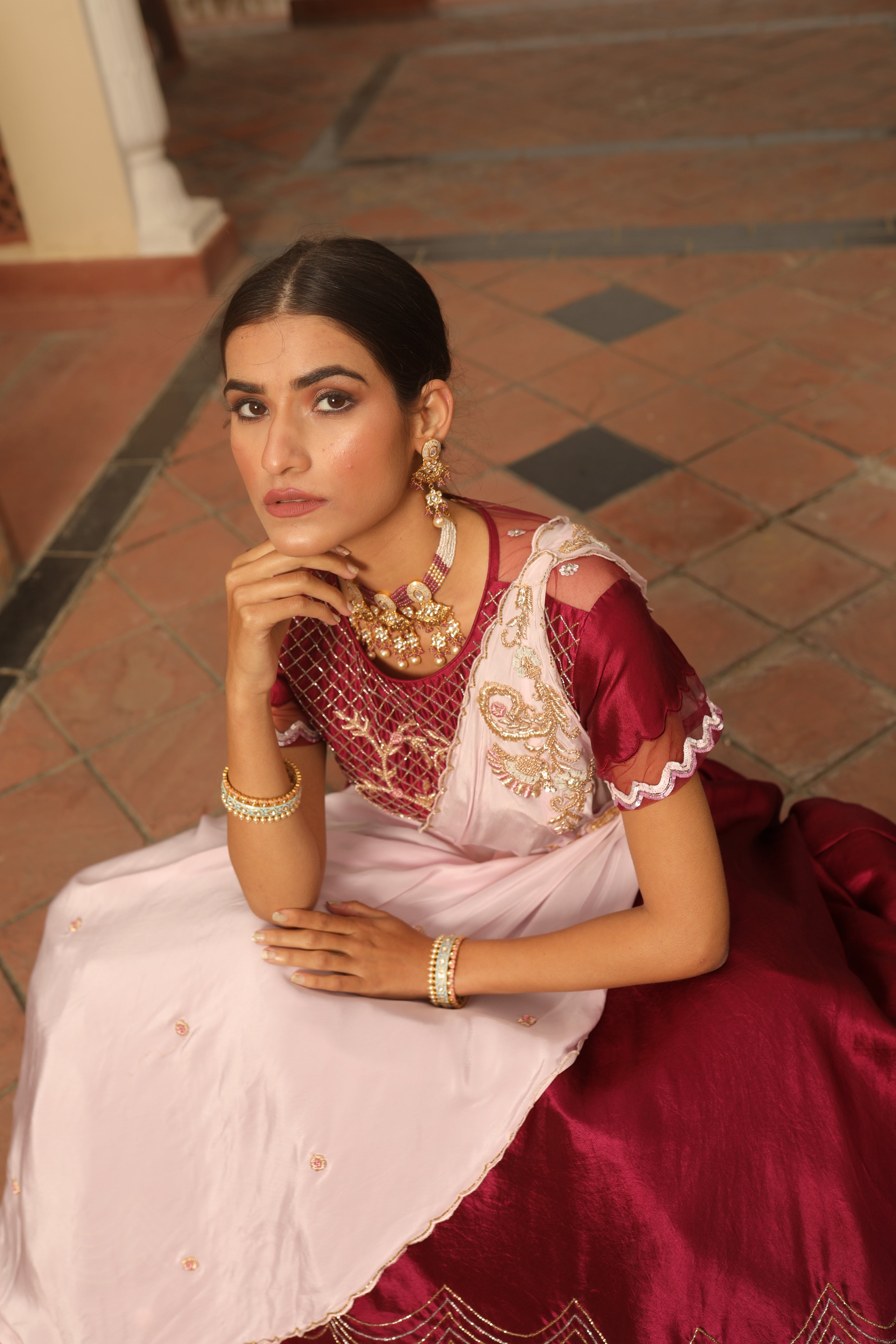 maroon lehenga set & pastel pink drape w belt – Meenal Modi